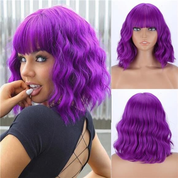 Dark Purple Short Bob Wigs with Bangs for Women Loose Wavy Wig Curly